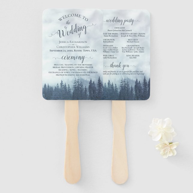 Misty Blue Pine Trees Rustic Wedding Program Hand Fan (Front and Back)