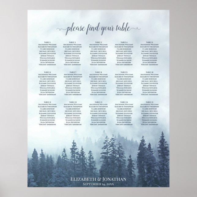 Misty Blue Pines 15 Table Wedding Seating Chart (Front)