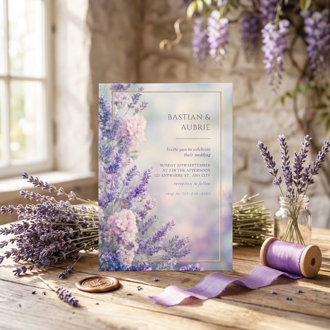 Misty Blue Romantic Lavender Gold Frame Wedding Invitation (Creator Uploaded)