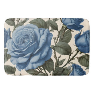 Misty Blue Roses And Green Leaves, Bath Mat