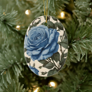 Misty Blue Roses And Green Leaves, Ceramic Tree Decoration