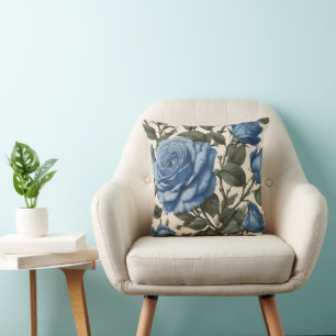 Misty Blue Roses And Green Leaves, Cushion