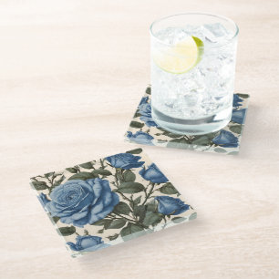 Misty Blue Roses And Green Leaves, Glass Coaster