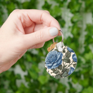 Misty Blue Roses And Green Leaves, Key Ring