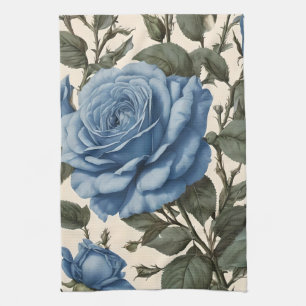Misty Blue Roses And Green Leaves, Tea Towel