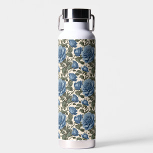 Misty Blue Roses And Green Leaves, Water Bottle