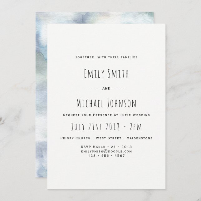 Misty Blue Watercolor Wedding Invitation Elegant (Front/Back)