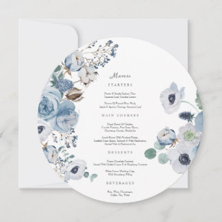 Misty Blues Roses Anemones Circle Menu Card