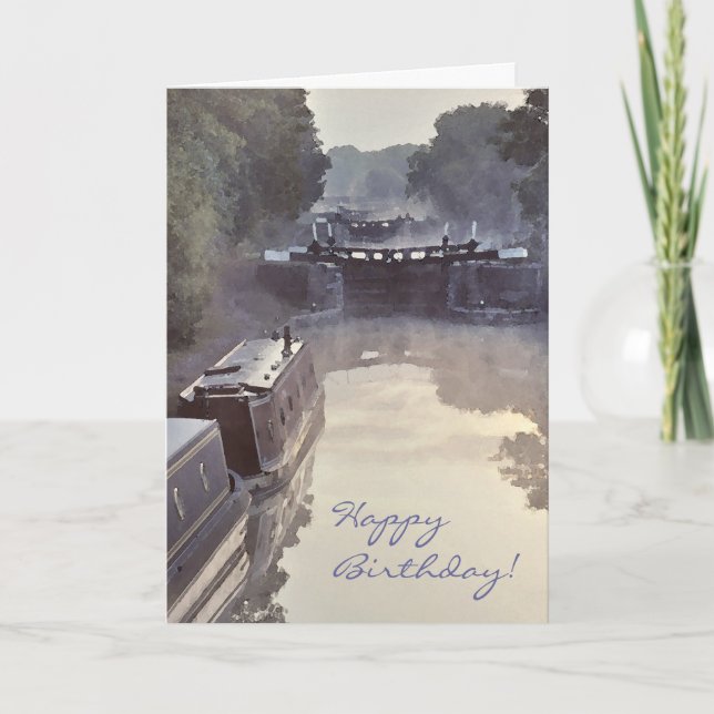 Misty canal dawn birthday card (Front)