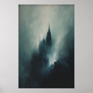 Misty Cathedral Castle Silhouette, Moody Gothic Poster
