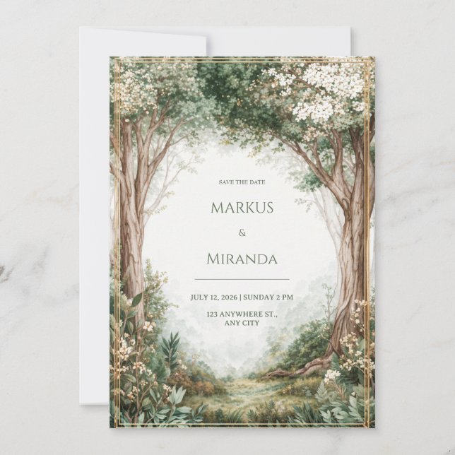 Misty Enchanted Forest Gold Frame Wedding (Front)