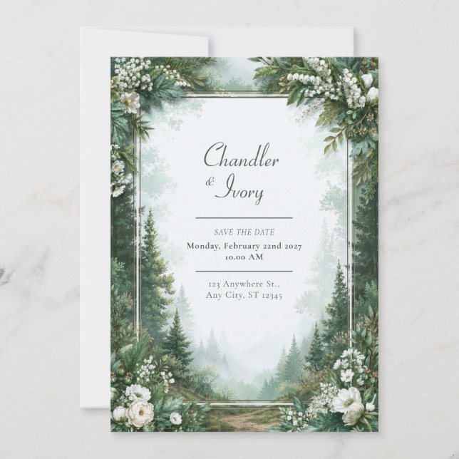 Misty Evergreen Floral Wedding Invitation (Front)