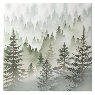Misty Evergreen Forest Watercolor Tile