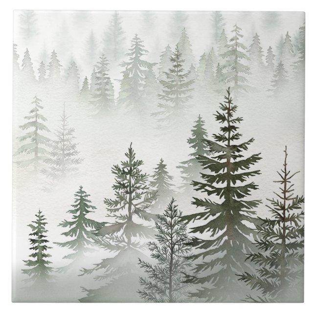 Misty Evergreen Forest Watercolor Tile (Front)
