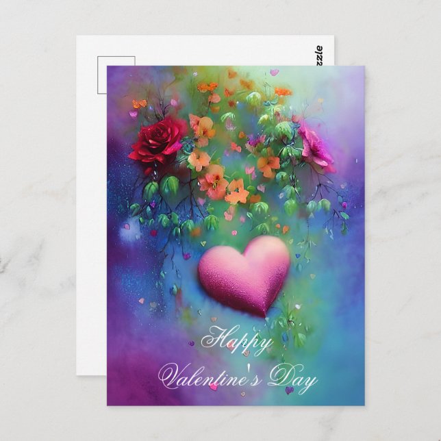 Misty flowers and heart valentine postcard (Front/Back)