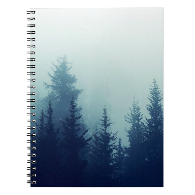 Misty fog in pine forest on mountain slopes. Colou Notebook (Front)
