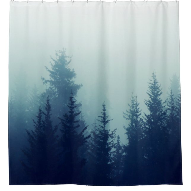 Misty fog in pine forest on mountain slopes. Colou Shower Curtain (Front)