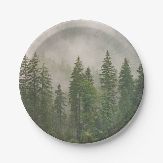 Misty Foggy Forest Trees Paper Plate (Front)