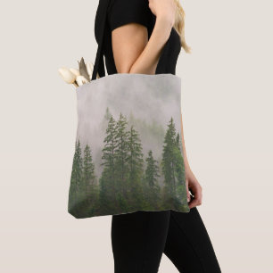 Misty Foggy Forest Trees Tote Bag