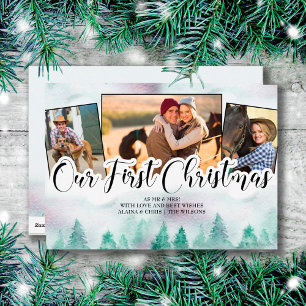 Misty Forest 3 Photo Hand Lettered First Christmas Holiday Card