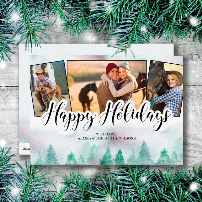 Misty Forest 3 Photo Hand Lettered Happy Holidays Holiday Card (Creator Uploaded)