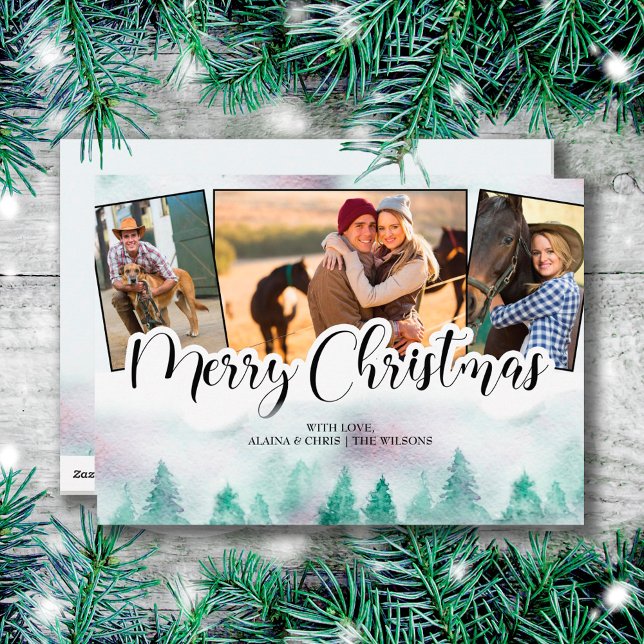 Misty Forest 3 Photo Hand Lettered Merry Christmas Holiday Card (Creator Uploaded)