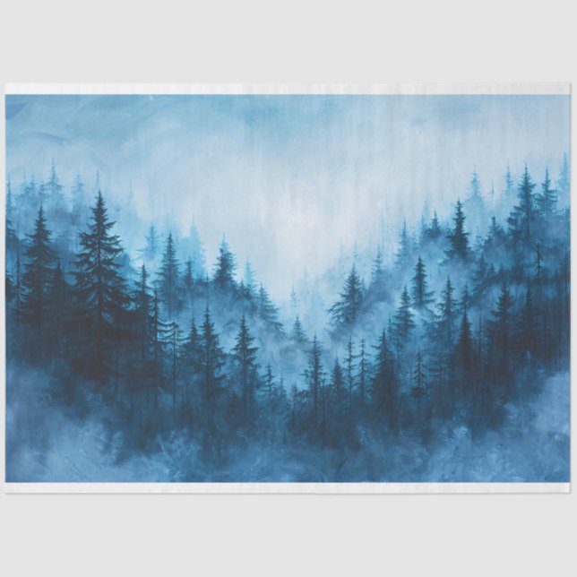 Misty Forest Blue Green Pine Trees Decoupage Tissue Paper (Front)