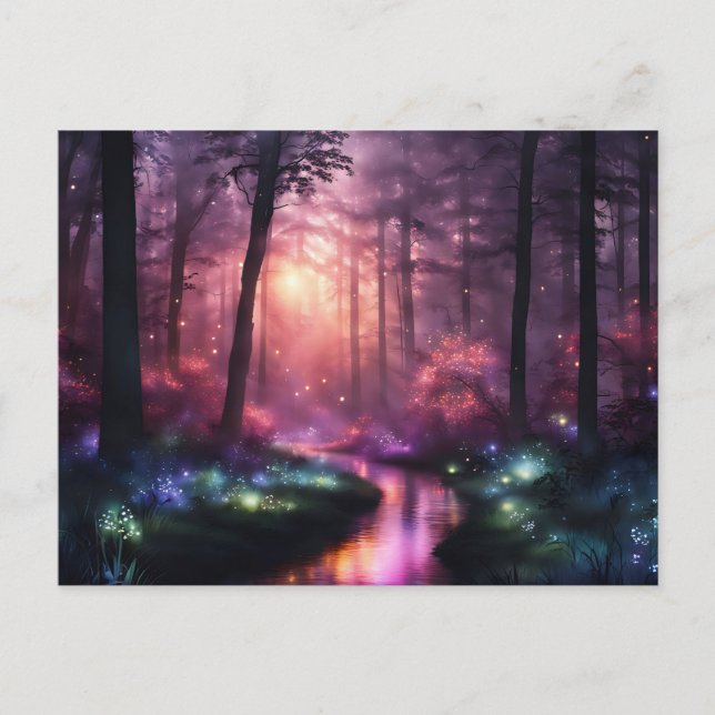 Misty Forest Firefly Lights Postcard (Front)
