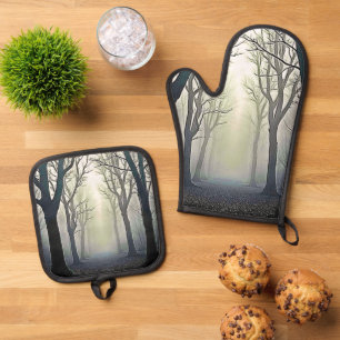 Misty Forest Path: Eerie Beauty Oven Mitt & Pot Holder Set