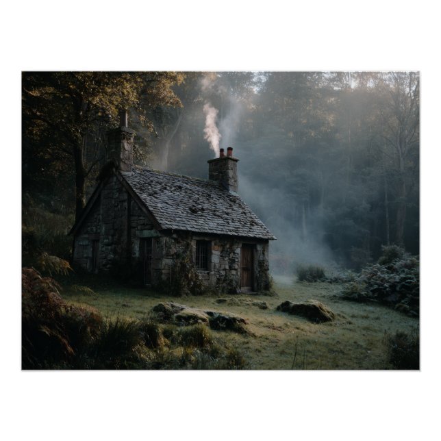 Misty Forest Stone Cabin Print (Front)
