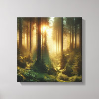 Misty Forest Sunrise Scene with Golden Light Dew