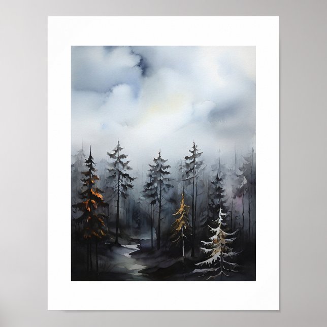Misty Forest Trees View Painting Poster (Front)