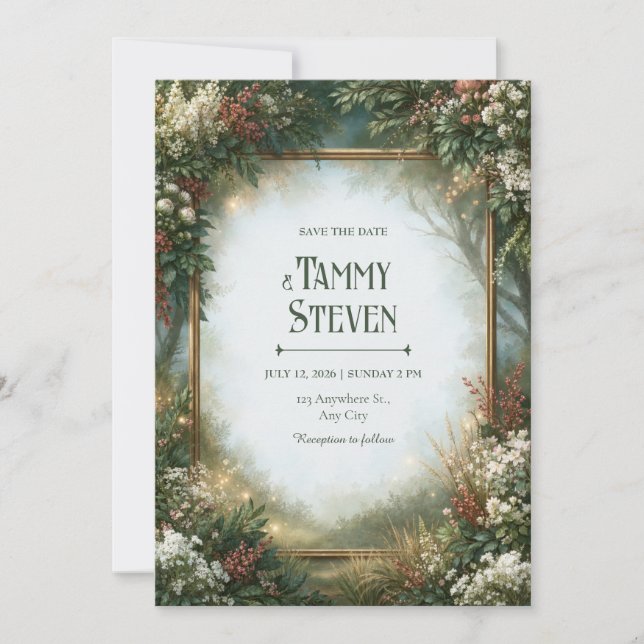 Misty Gold Frame Forest Wedding Invitation (Front)