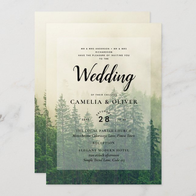 Misty Green Forest mountain Pine Trees Wedding Invitation (Front/Back)