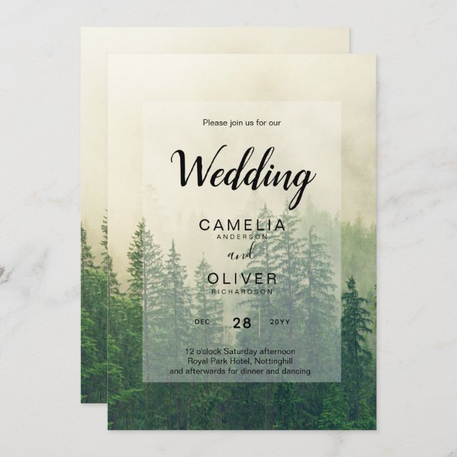 Misty Green Forest mountain Pine Trees Wedding Invitation (Front/Back)