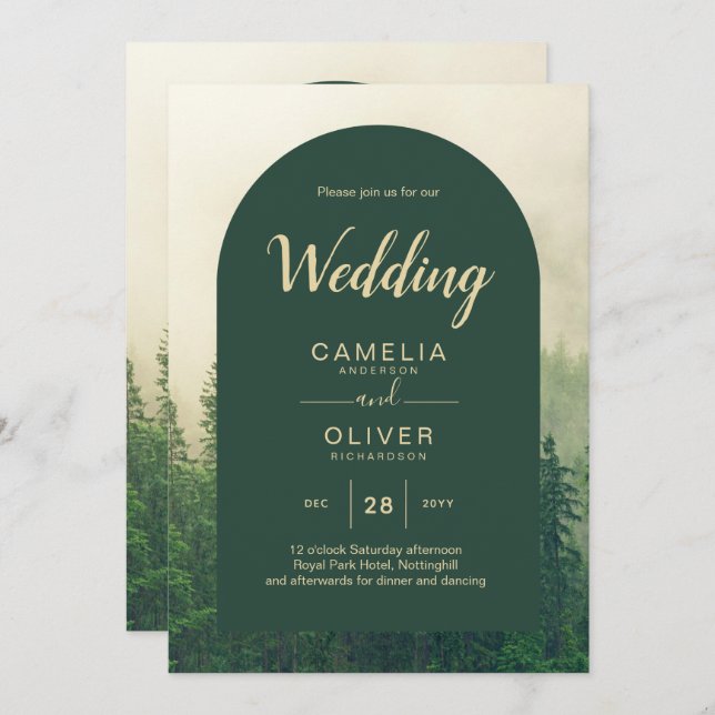 Misty Green Forest mountain Pine Trees Wedding Invitation (Front/Back)