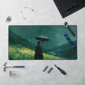Misty Green Hill Umbrella Figure Oil Painting Desk Mat