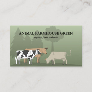 Misty Green Pasture Cows Grazing Flat Illustration Business Card