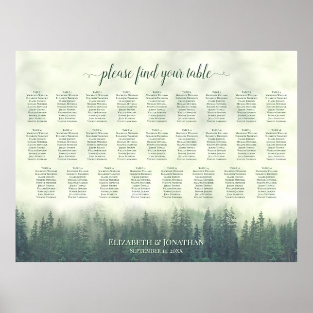 Misty Green Pines 26 Table Wedding Seating Chart (Front)