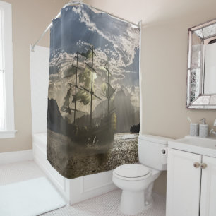 Misty Grey & Blue Old Tattered or Pirate Ship Art Shower Curtain