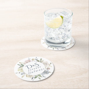 Misty Lake Dusty Floral Always Forever Monogram Round Paper Coaster