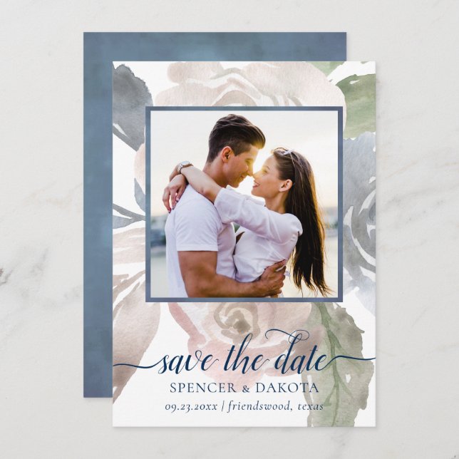 Misty Lake | Lovely Soft Dusty Hued Floral Photo Save The Date (Front/Back)