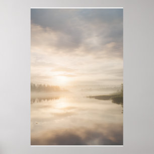 Misty Lake Sunrise Golden Reflection Poster