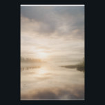 Misty Lake Sunrise Golden Reflection Poster<br><div class="desc">Soft golden sunlight pierces through thick morning mist over a calm lake, creating a luminous path of reflection across the water. Tall reeds line the shore while distant trees fade into the haze, and the sky blends warm peach and rose tones into pale blue-gray. The composition radiates profound stillness, gentle...</div>