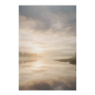 Misty Lake Sunrise Golden Reflection Poster