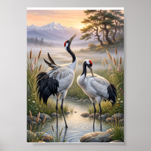Misty Landscape Elegant Cranes Nature Wildlife Fle Poster