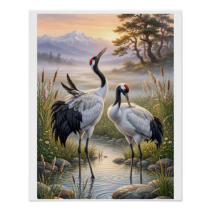 Misty Landscape Elegant Cranes Nature Wildlife Fle Poster
