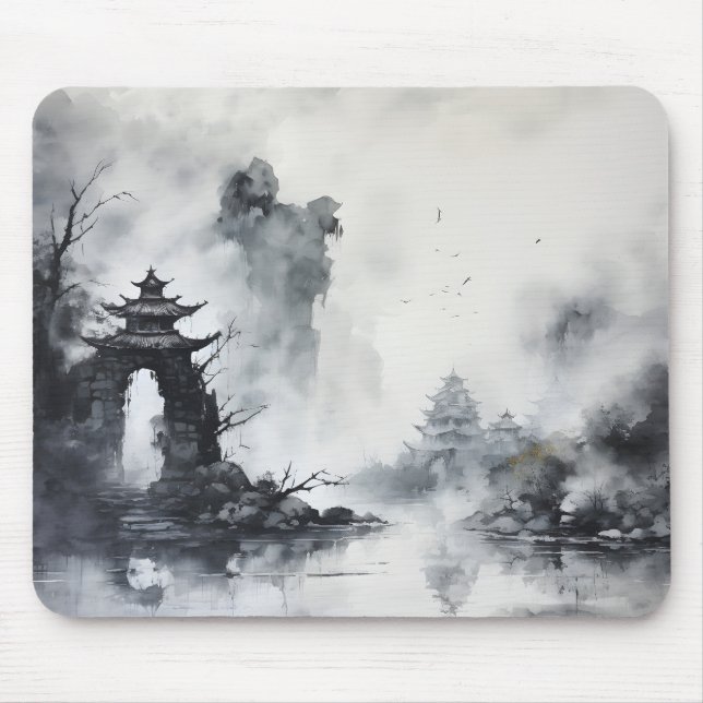 Misty Landscape Ink Painting Mouse Pad (Front)