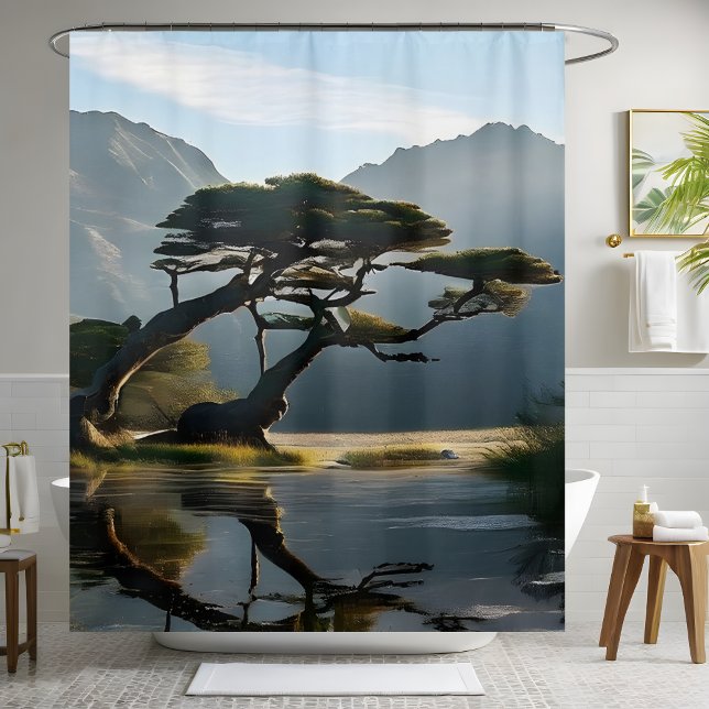 Misty Landscape Scene Pine Tree Outdoor-themed  Shower Curtain (Creator Uploaded)