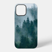 Misty landscape with fir forest in hipster vintage